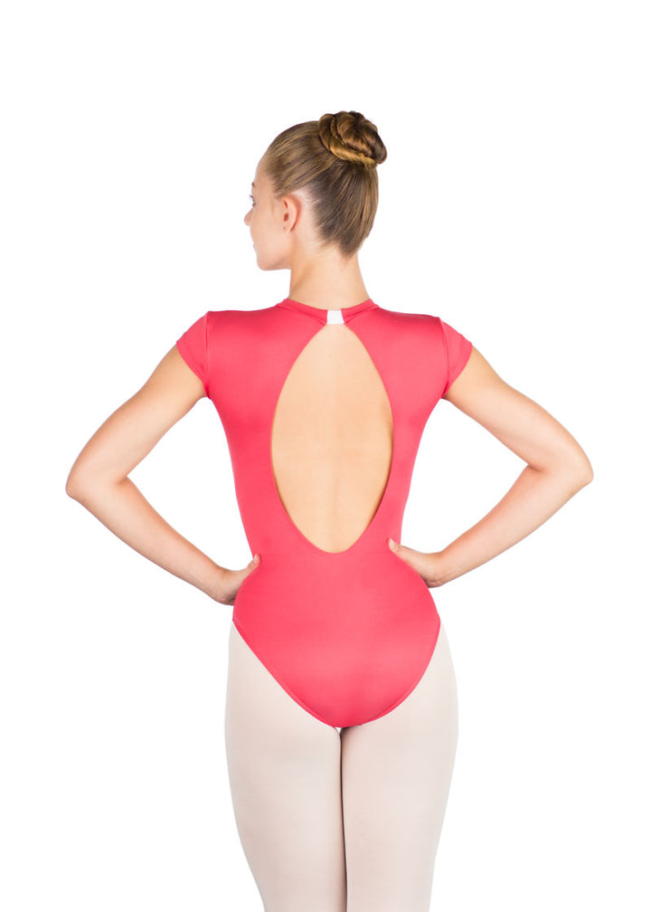 Ballet Rosa girls' Naomi cap sleeve leotard in orange with open back.
