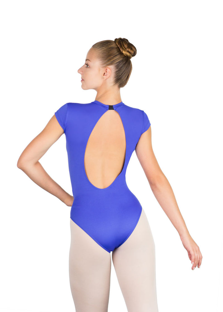 Ballet Rosa women's Naomi cap sleeve leotard in royal blue with open back.