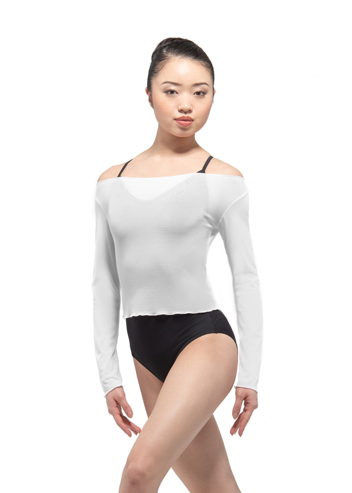 Ballet Rosa girls' Natasha mesh long sleeve top in white with boat neckline.
