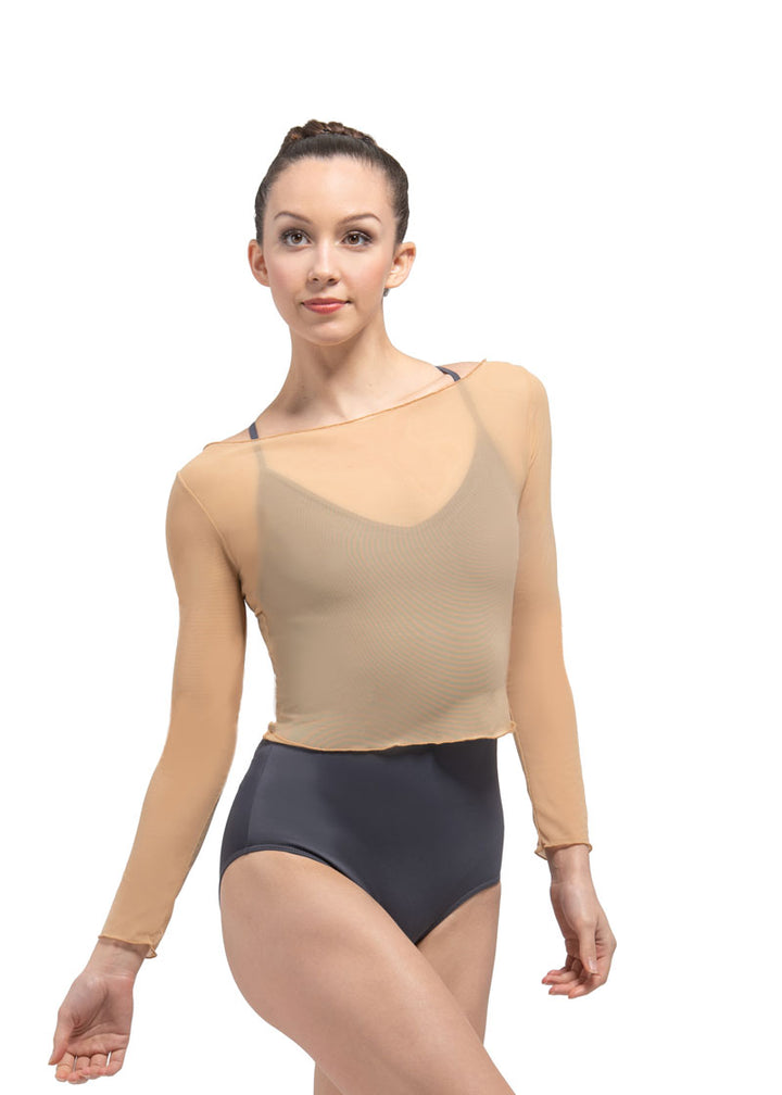 Ballet Rosa girls' Natasha mesh long sleeve top in tan with boat neckline.