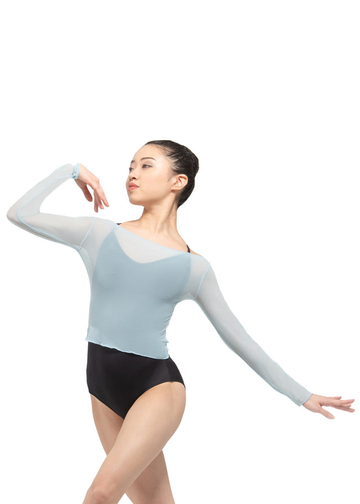 Ballet Rosa girls' Natasha mesh long sleeve top in pale blue with boat neckline.