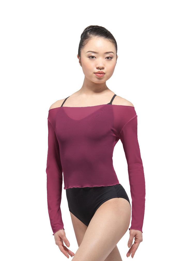 Ballet Rosa girls' Natasha mesh long sleeve top in pink with boat neckline.