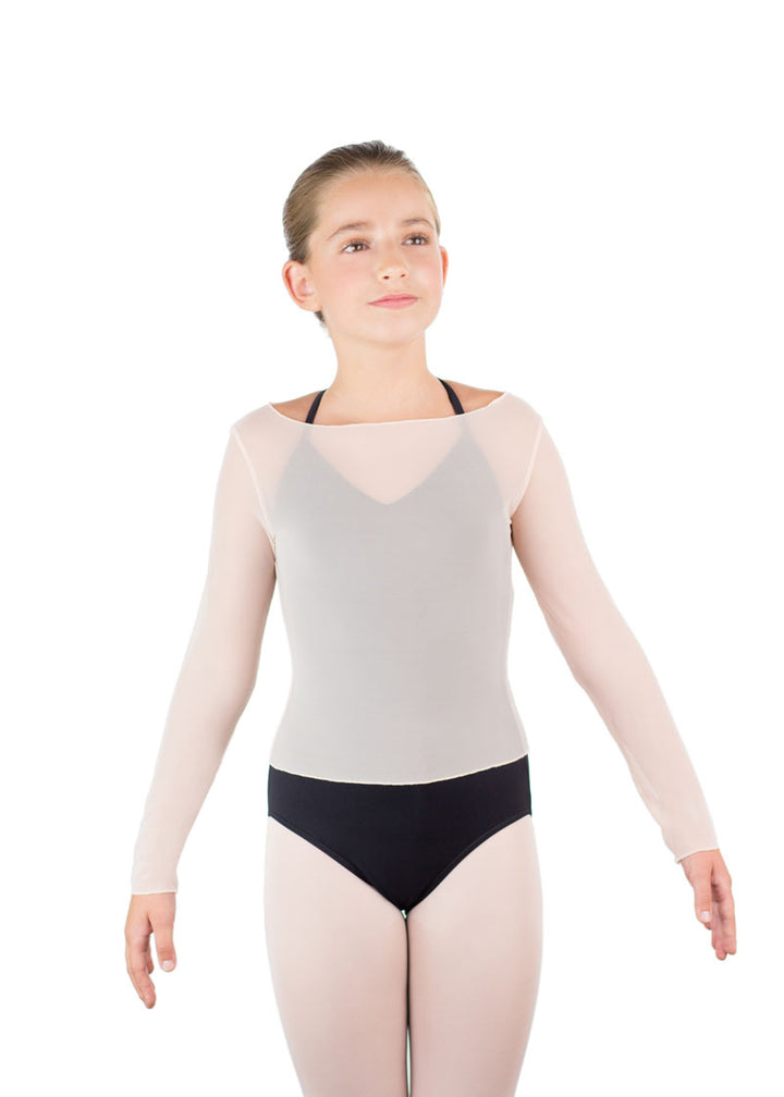 Ballet Rosa girls' Natasha mesh long sleeve top in pale pink with boat neckline.