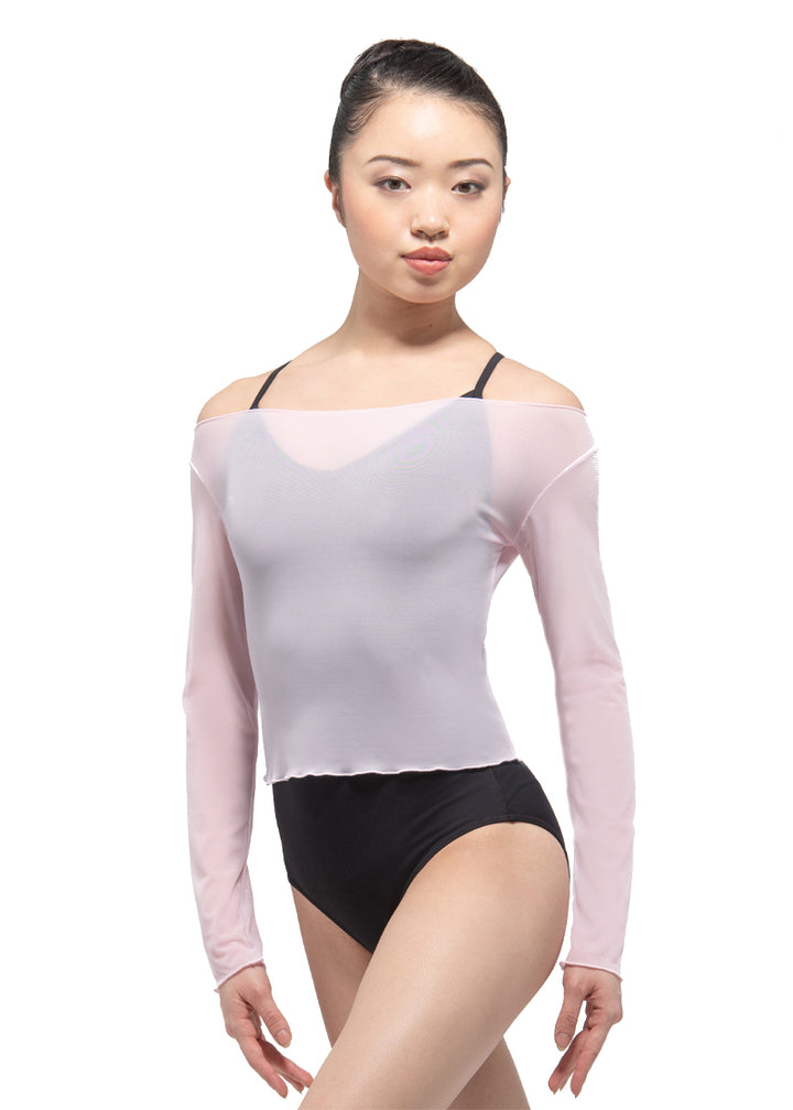 Ballet Rosa women's Natasha mesh long sleeve top in light pink with boat neckline.