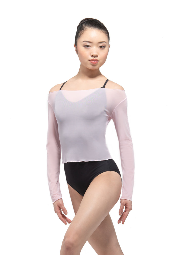 Ballet Rosa girls' Natasha mesh long sleeve top in light pink with boat neckline.