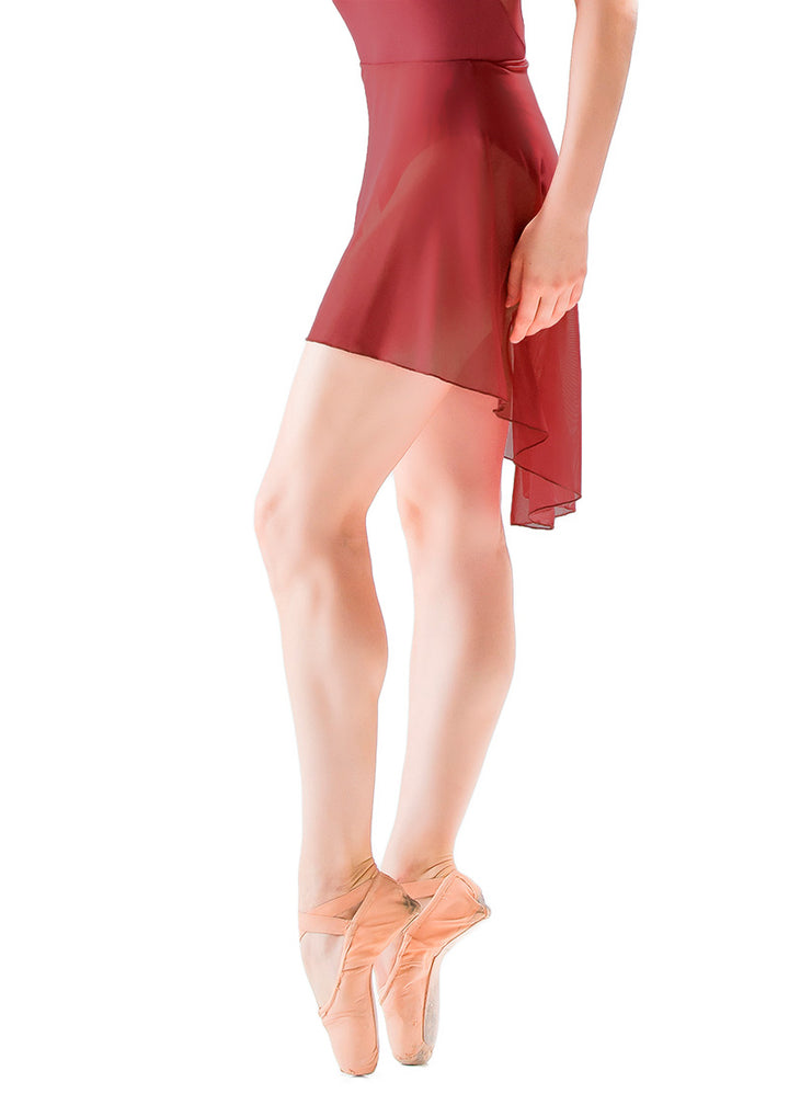 Ballet Rosa women's Ninette mesh pull-on high-low skirt in red.