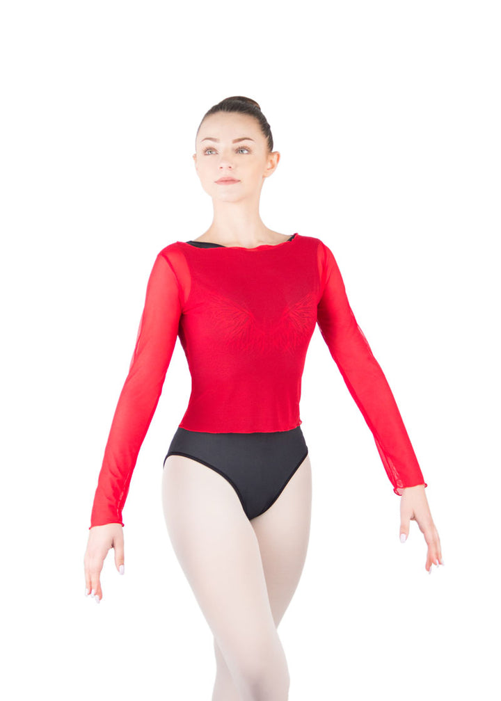 Ballet Rosa girls' Natasha mesh long sleeve top in bright red with boat neckline.