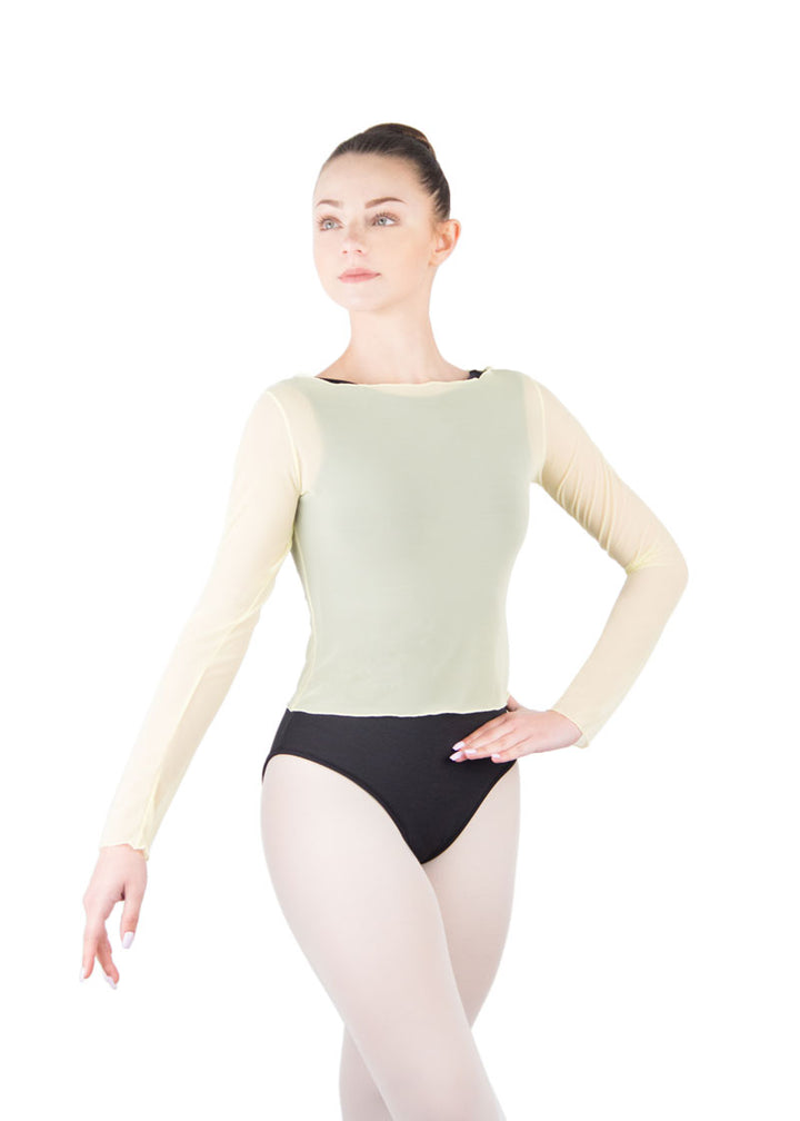 Ballet Rosa girls' Natasha mesh long sleeve top in yellow with boat neckline.