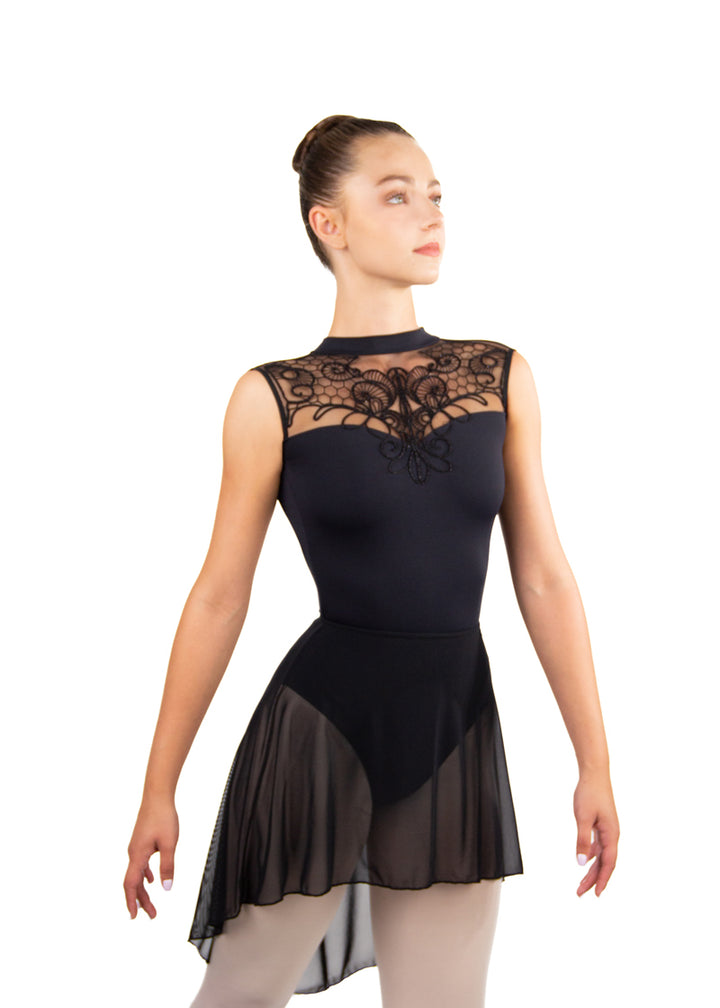 Ballet Rosa women's Ninette mesh pull-on high-low skirt in black.