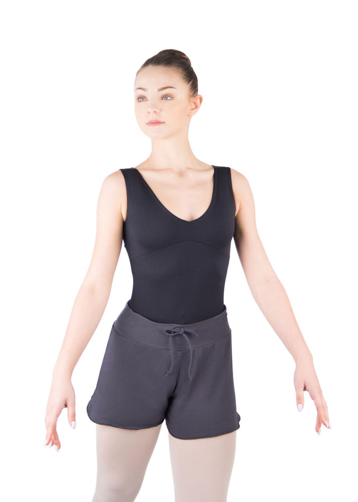 Ballet Rosa women's Nobu shorts in gray with drawstring waistband.