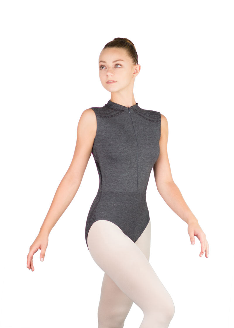 ON SALE Taylor Zip Front High Neck Leotard (Gris Melange)