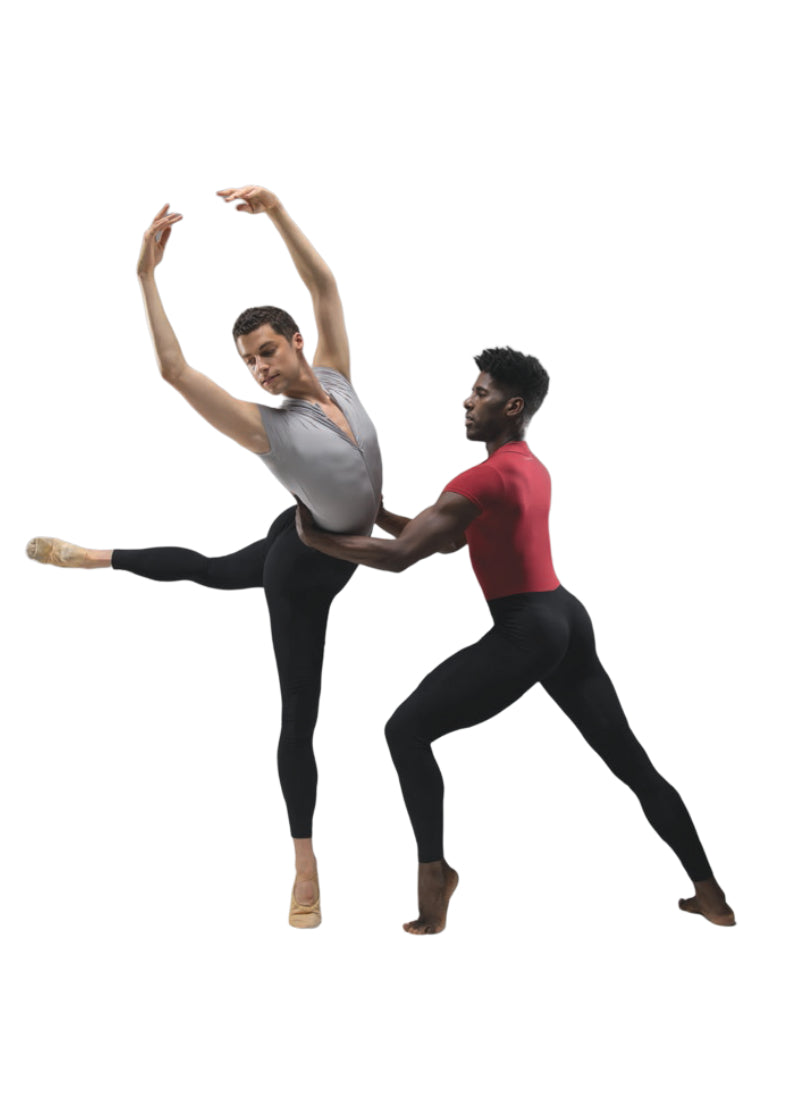 Two Ballet Rosa men's Conrad unitards with black legs. One bodice is grey, one is red. With short sleeves and zip front.