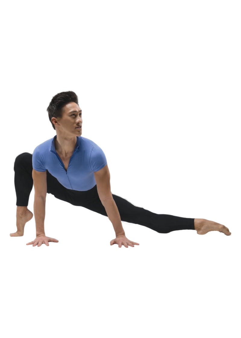 Ballet Rosa men's Conrad unitard with black legs and light blue bodice with short sleeves and zip front.