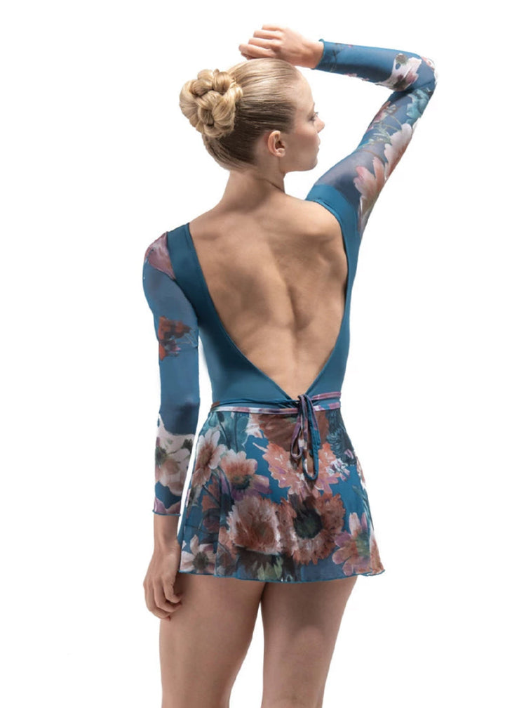 Ballet Rosa girls' Candid wrap skirt in blue floral pattern.