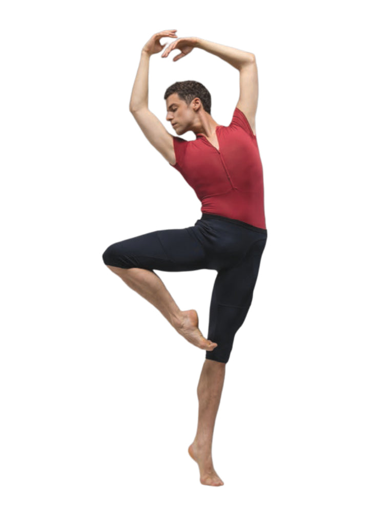 Ballet Rosa men's Endo leotard in red with short sleeves and zip front.
