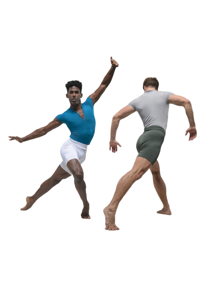 Two Ballet Rosa men's Endo leotards in grey and blue with short sleeves and zip front.