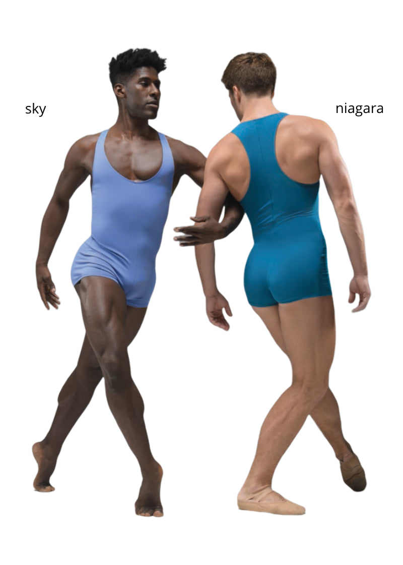 Ballet Rosa mens scoop neck tank biketard in light blue and turquoise