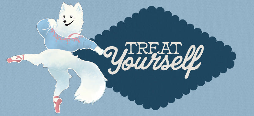 Cartoon fox dressed for ballet class introducing Allegro's Treat Yourself holiday gift collection.