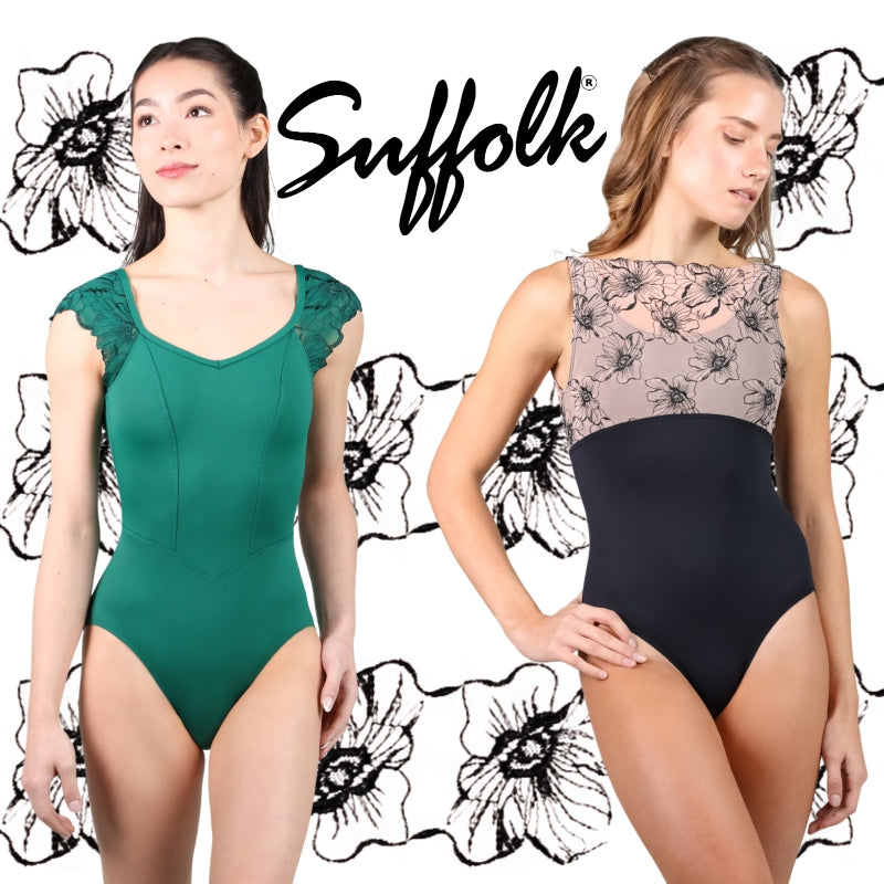 Suffolk Florence Collection of women's floral print leotards in Black and Emerald Green