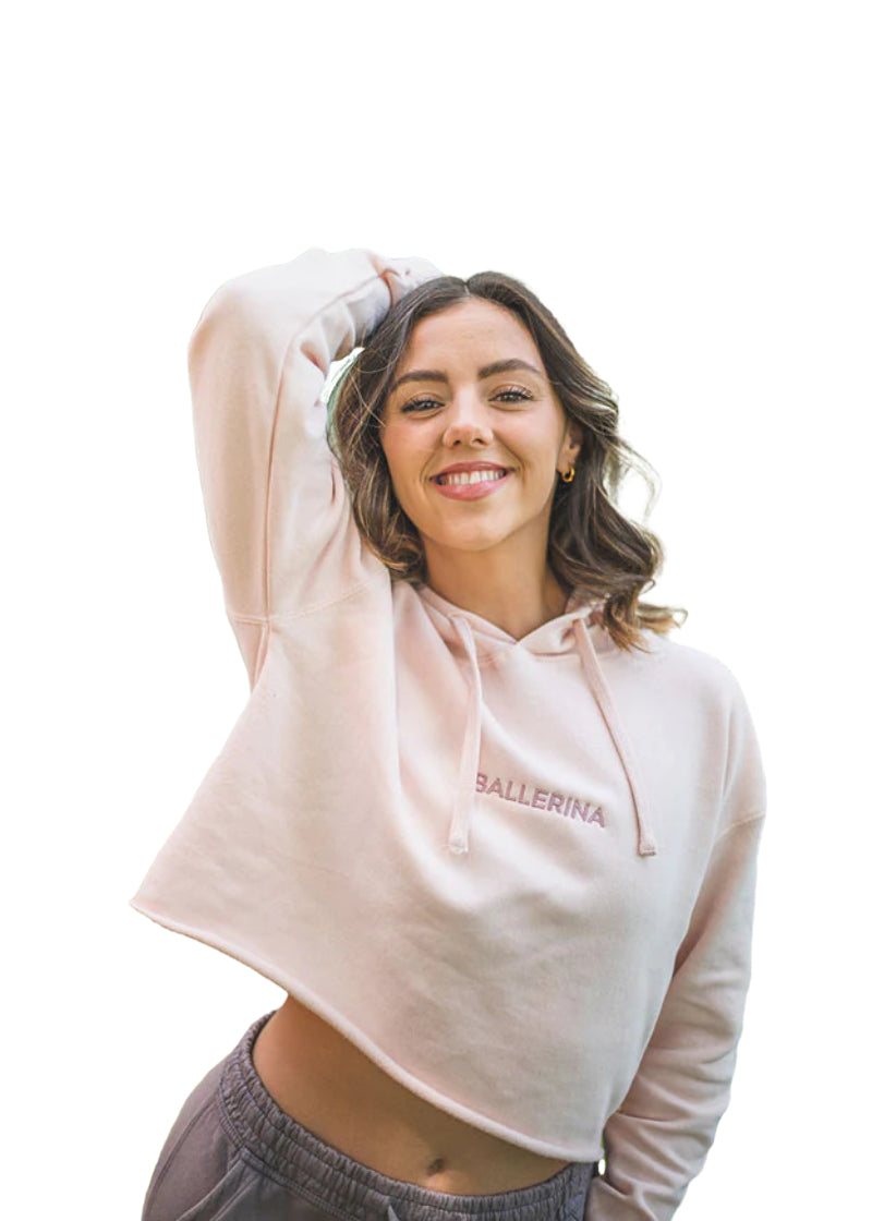 Covet Dance light pink cropped hoodie with BALLERINA embroidered on the front.