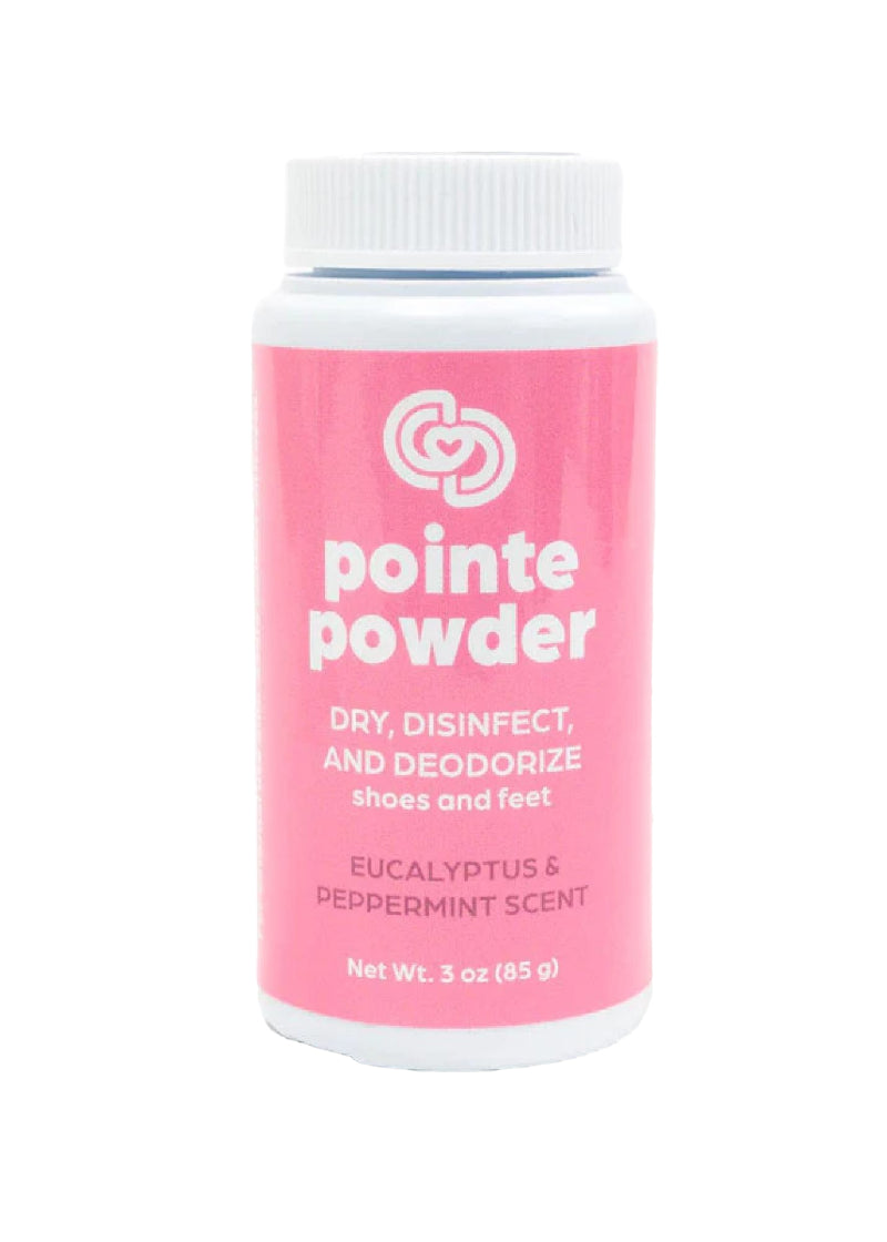 White and pink bottle of Covet Dance Pointe Powder.