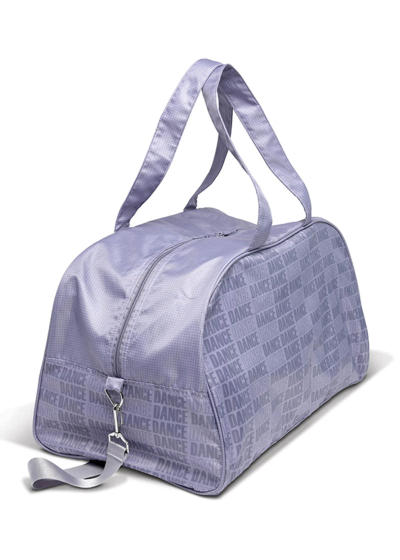 Large lavender duffel bag with "DANCE" printed pattern on the sides, two carrying handles, removable shoulder strap, and zipper top closure.