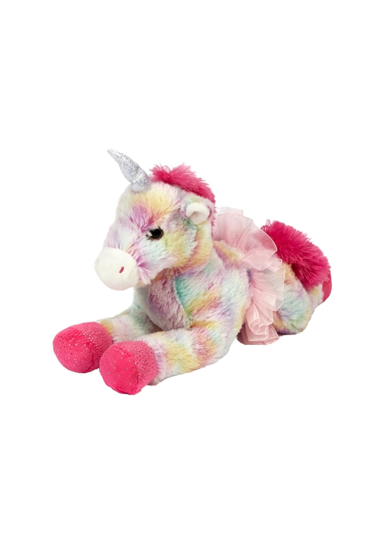 Stuffed unicorn with pastel tie-dye fur, pink mane, tail, and hooves, a silver horn, and a light pink tutu.