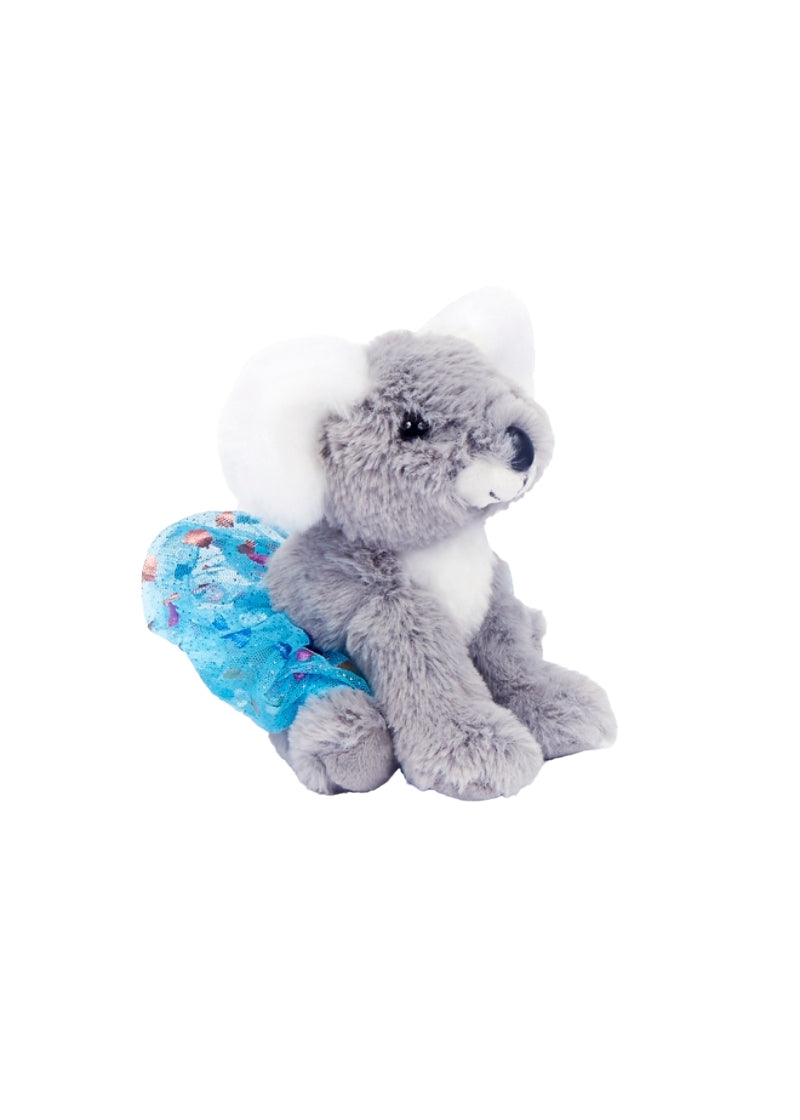Stuffed koala with grey and white fur wearing a turquoise tutu.