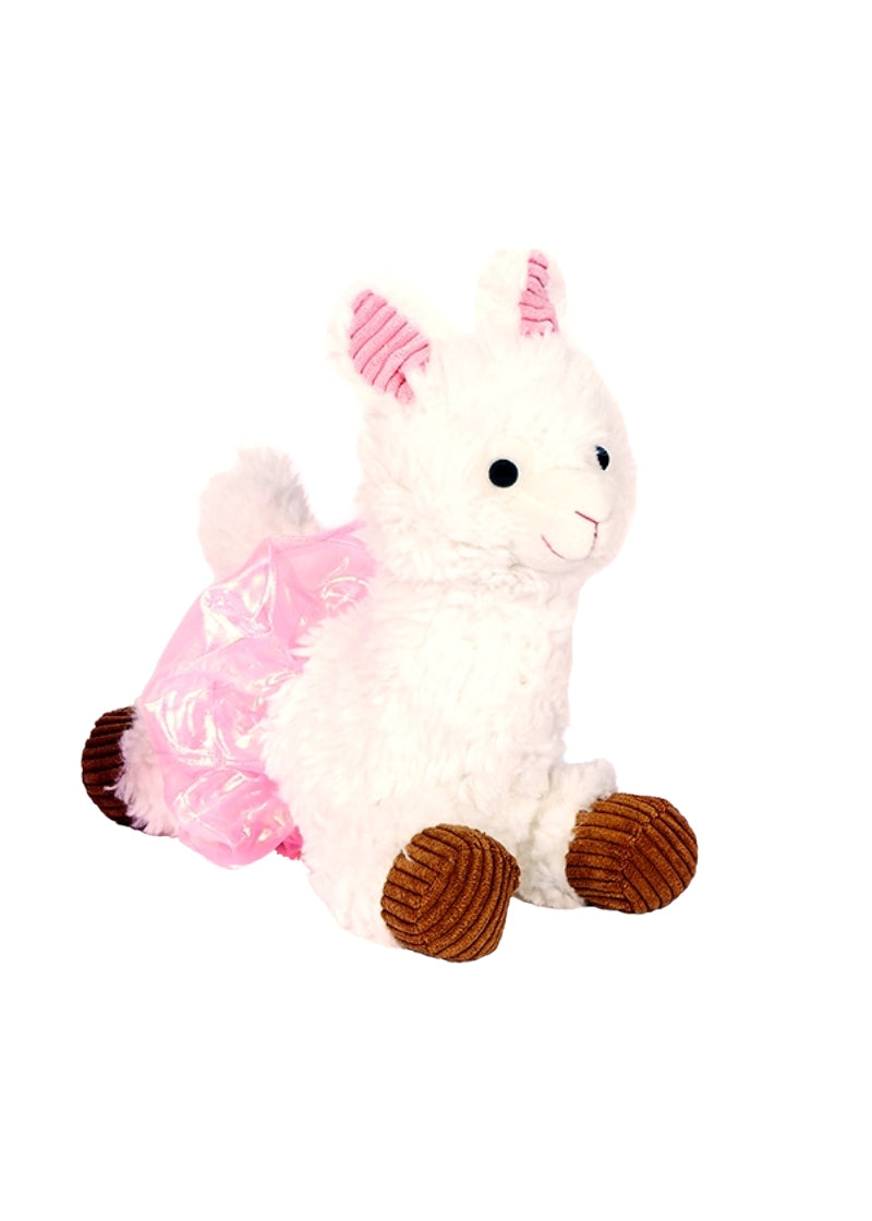 White stuffed llama with plush shaggy fur, brown hooves, pink ears, and a pink tutu.