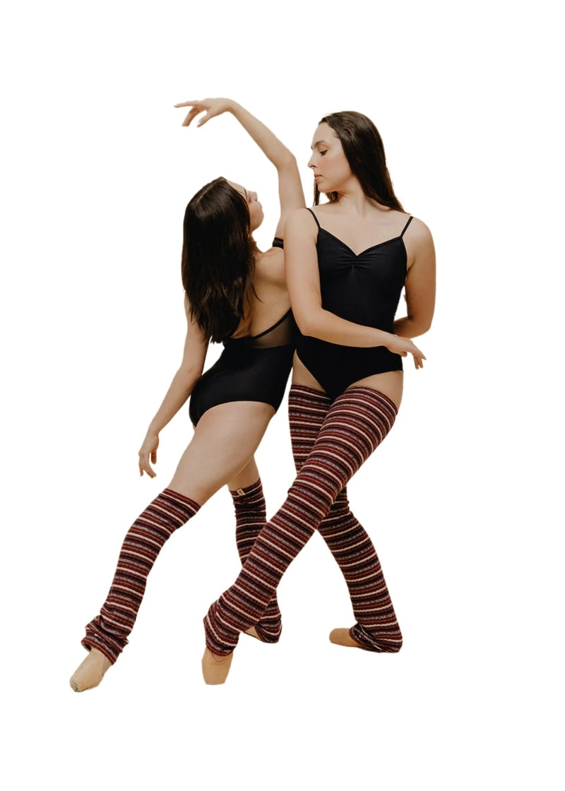 Two different length pairs of legwarmers with red, orange, black, white, and blue horizontal stripes of different sizes.