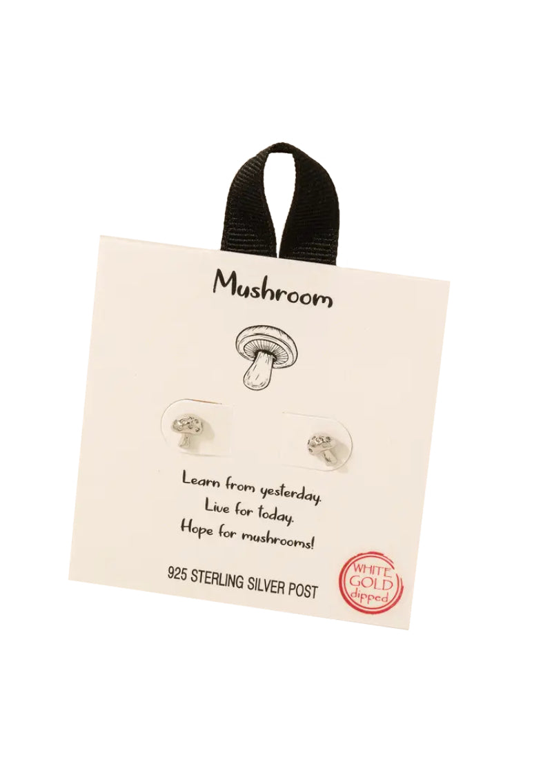 A pair of small silver stud earrings, shaped like mushrooms.