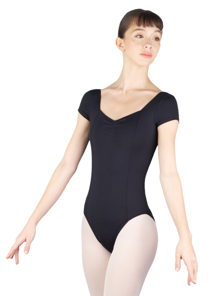 Ballet Rosa black cap sleeve pinch front leotard with princess seams.