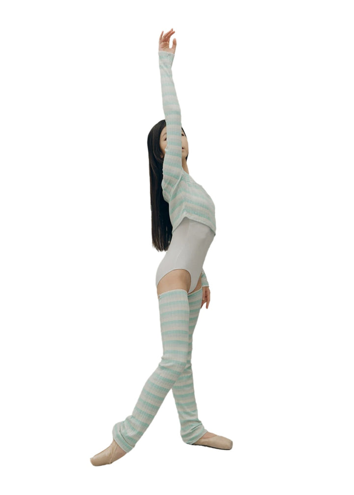 A pair of full-length legwarmers with light blue, grey, and white horizontal stripes.