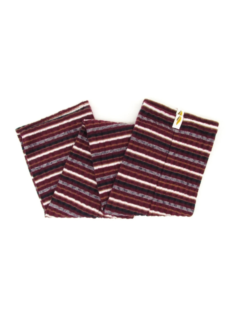 A pair of legwarmers with red, orange, black, white, and blue horizontal stripes of different sizes.