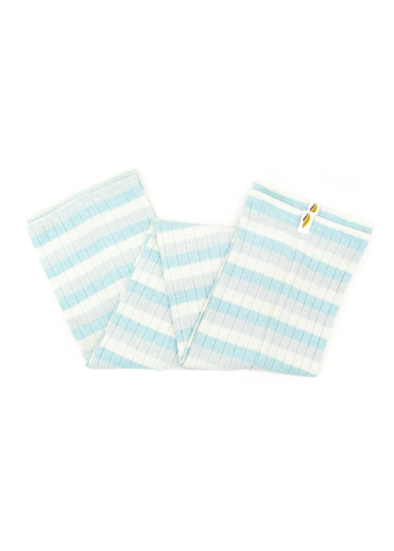 A pair of legwarmers with light blue, grey, and white horizontal stripes.