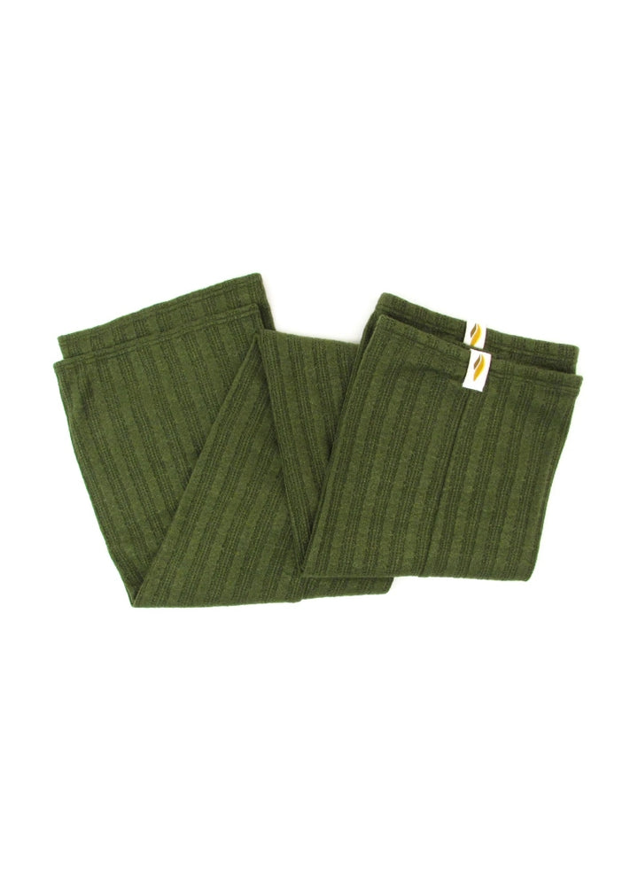 A pair of green, ribbed knit legwarmers.