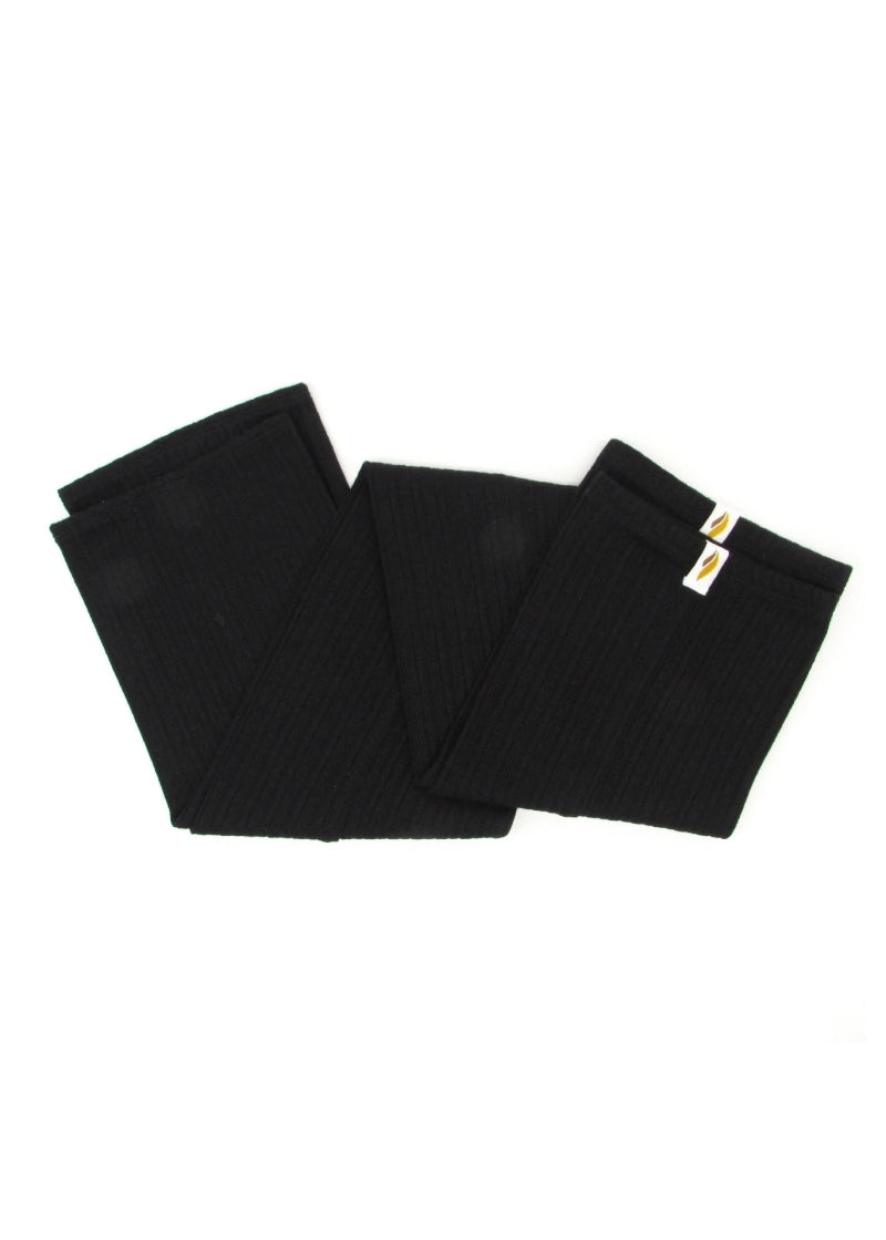 A pair of black, ribbed knit legwarmers.