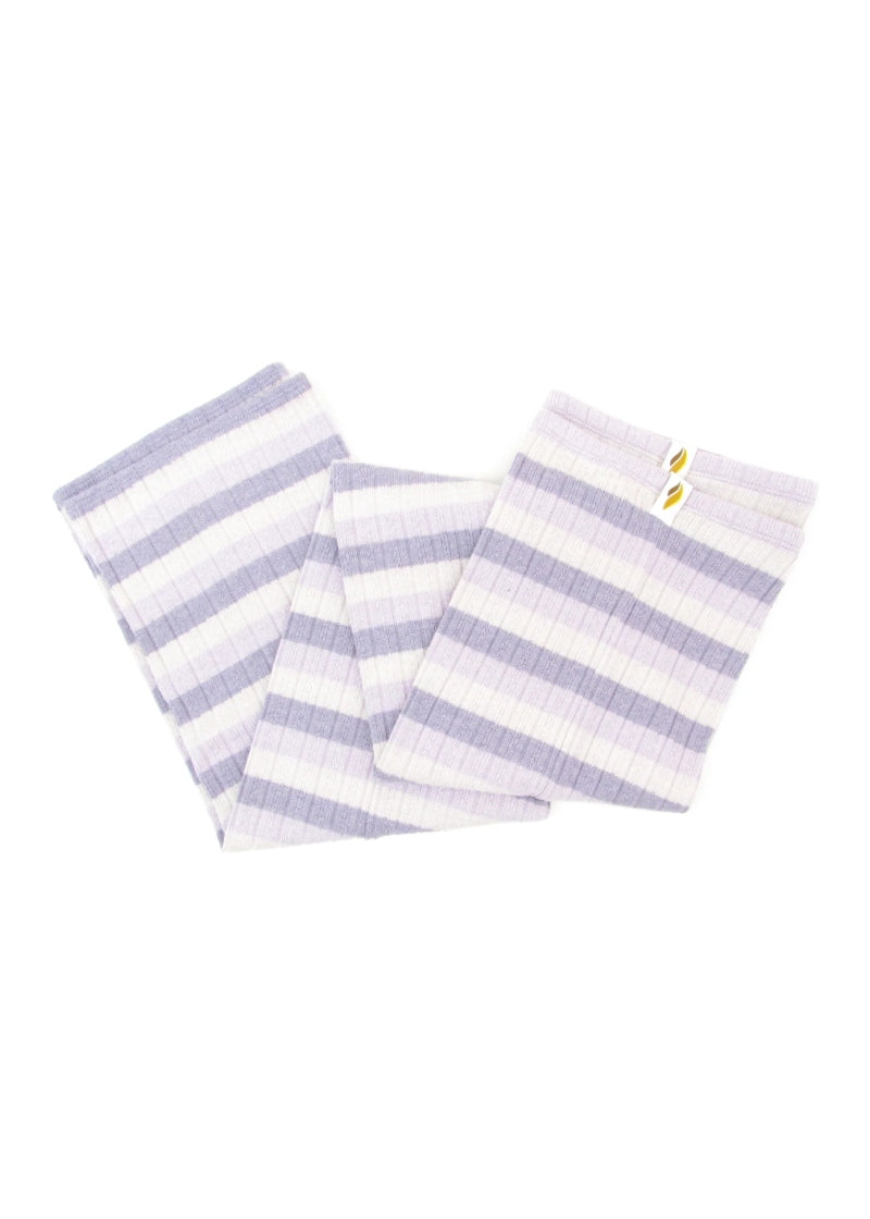 Knit legwarmers with horizontal stripes of purple, lavender, and white.