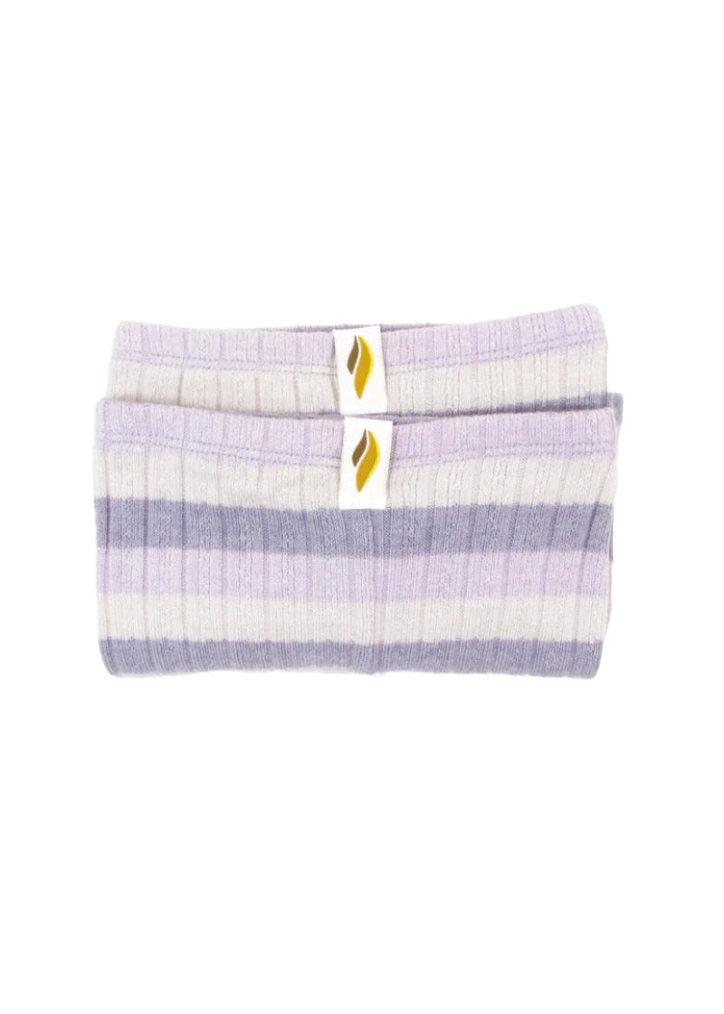 Folded knit legwarmers with horizontal stripes of purple, lavender, and white.