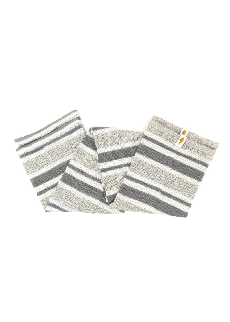 Legwarmers with dark grey, light grey, and white horizontal stripes of different sizes.