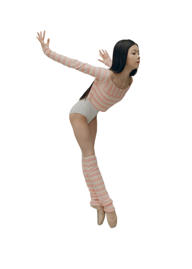 Legwarmers with three different shades of light pink horizontal stripes, fit just above the knee with a relaxed fit at the ankle.