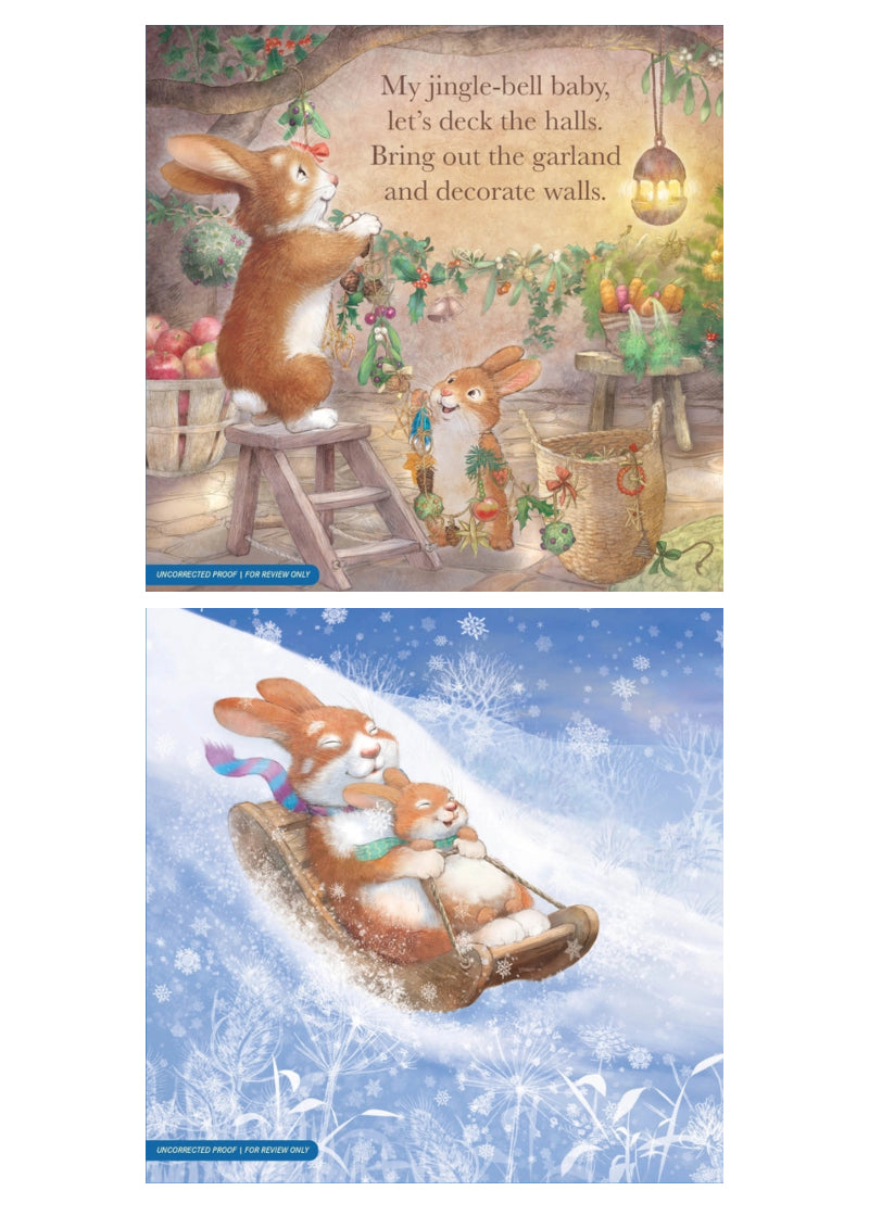 Two pages from "I Love You Jingle Bell Baby," one showing two rabbits decorating for Christmas, and one showing two rabbits sledding down a snowy hill.