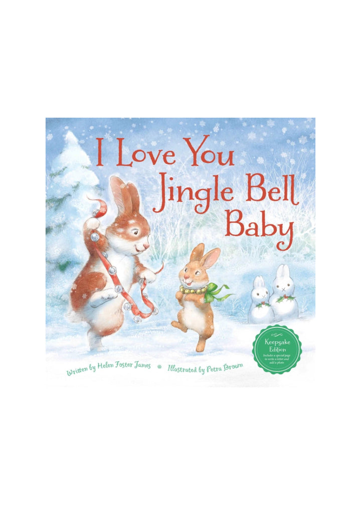 "I Love You Jingle Bell Baby" book cover with two rabbits dancing in a winter landscape.