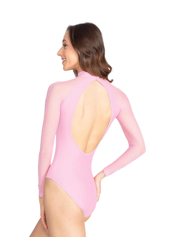 SoDanca light blue long sleeve leotard with high neckline, oval-shaped open back, and mesh and lace panels on the sleeves.