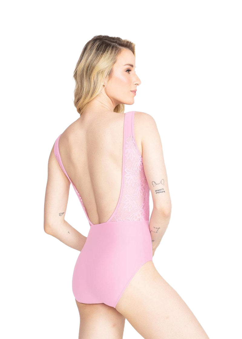 SoDanca light pink tank leotard with lace panels on either side of a low-cut back.