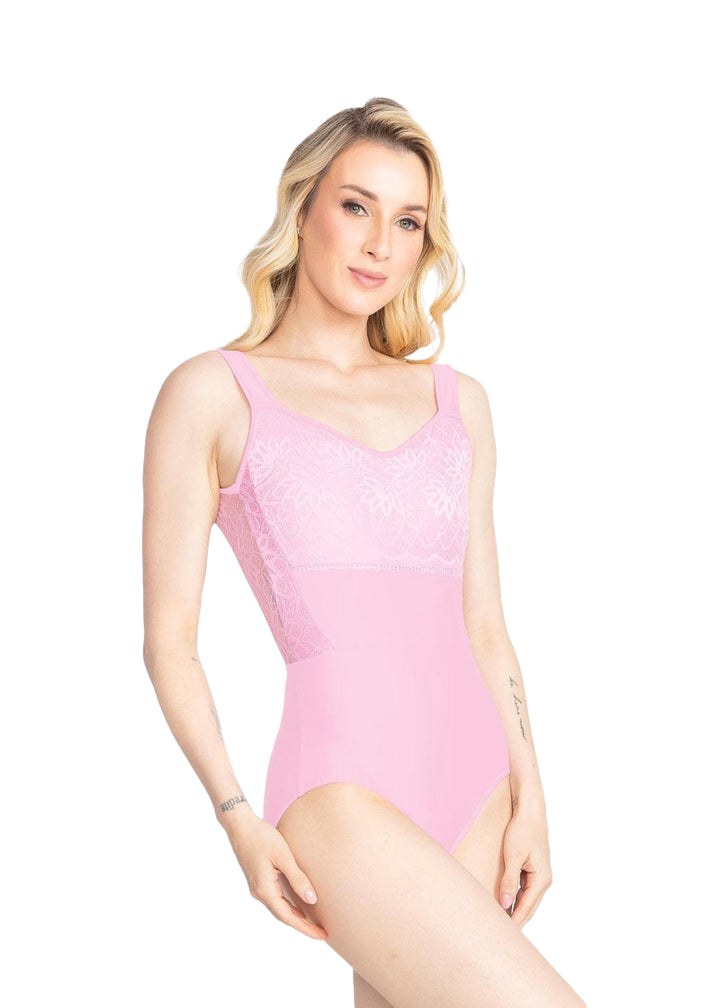 SoDanca light pink tank leotard with lace overlay on the bust.