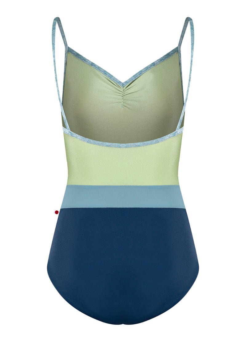 Yumiko Micah camisole leotard with light green bodice, light blue middle band, dark blue bottom, and light blue crushed velvet straps.