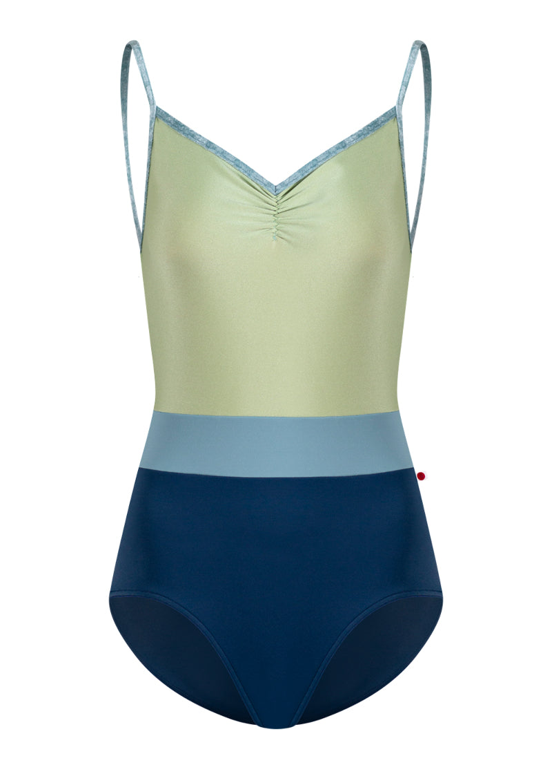 Yumiko Micah pinch front camisole leotard with light green bodice, light blue middle band, dark blue bottom, and light blue crushed velvet straps.