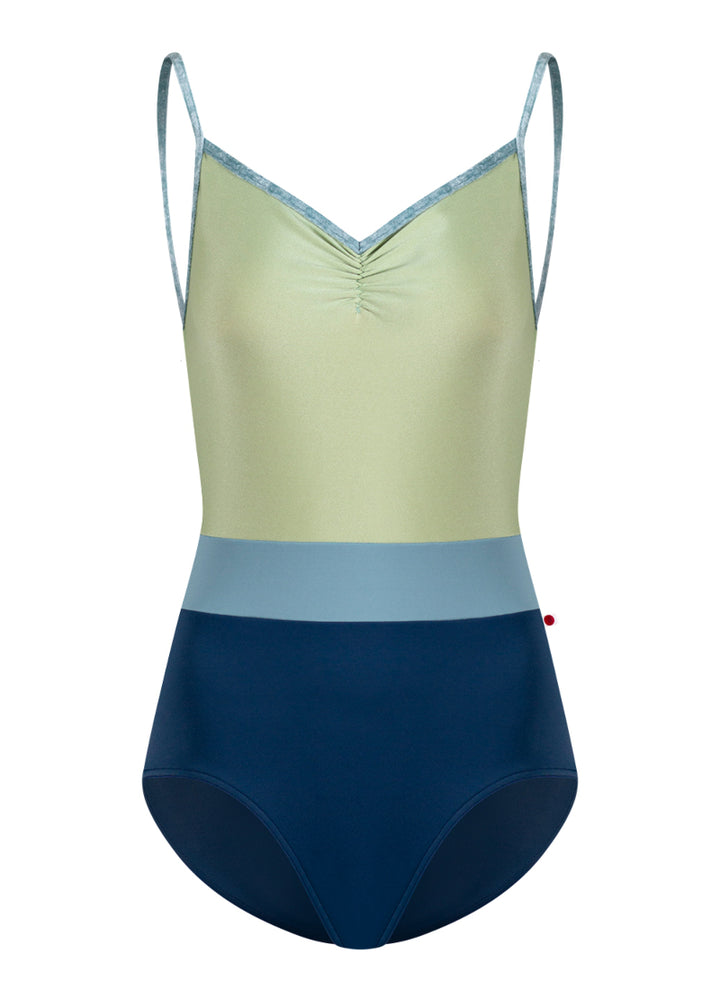 Yumiko Micah pinch front camisole leotard with light green bodice, light blue middle band, dark blue bottom, and light blue crushed velvet straps.