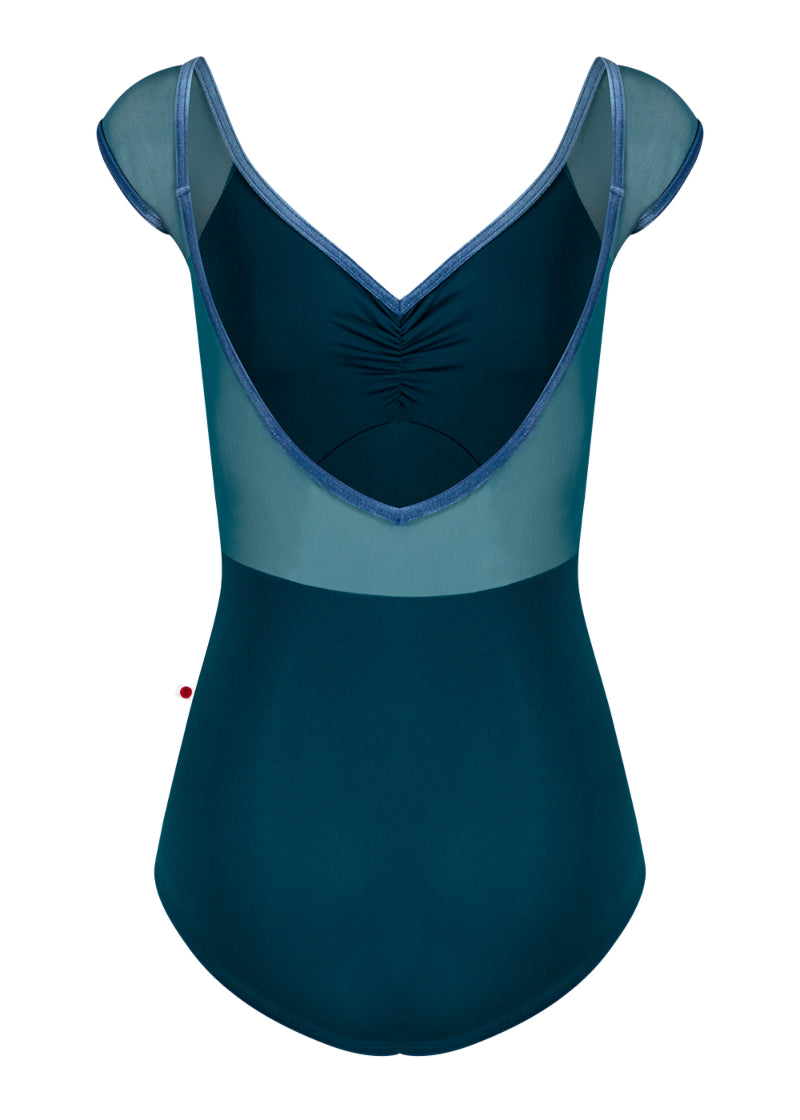 Yumiko dark blue Elli cap sleeve leotard with teal mesh sleeves and back and blue velvet trim.